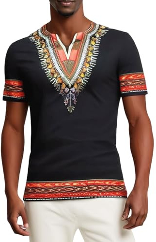Chemise africaine Dashiki pour homme - Style classique - Col en V - Style ethnique vintage africain - Manches courtes - Costume traditionnel du Moyen-Orient
