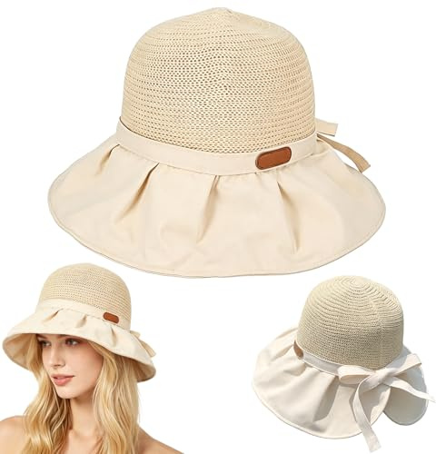 Yxelydriail Sun Hats for Women UK, Bowknot Straw Hats Women Wide Brim Summer Beach Cap,Foldable Packable Hats for Vacation Summer Travel Holiday