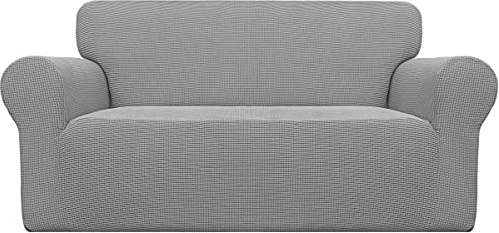 Easy-Going Stretch Loveseat Slipcover 1-Piece Sofa Cover Furniture Protector Couch Soft with Elastic Bottom for Kids Polyester Spandex Jacquard Fabric Small Checks (Loveseat, Light Gray)