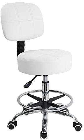 KKTONER Rollhocker Arbeitshocker mit Rückenlehne Höhenverstellbarer 53-68cm Salon Hocker PU Leder Weiß