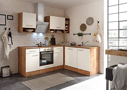 Respekta Wildeiche Küchenzeile Hilde BEKB220EWC Weiß 220cm Breite mit Elektrogeräten