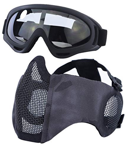 Yzpacc Airsoft Mask with Goggles, Foldable Half Face Airsoft Mesh Mask with Ear Protection for Paintball Shooting Cosplay CS Game