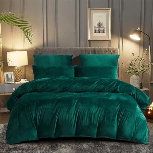 DXHOME Winter Bettwäsche Fleece Bettwäsche 135x200cm 4teilig Grün Dunkelgrün Warme Kuschelig Flauschig Deckenbezug Bettbezüge mit Reißverschluss und 2 Kissenbezügen 80×80 cm