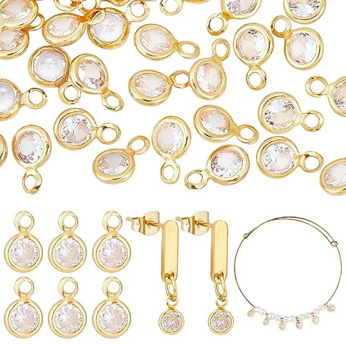 PH PandaHall 50pcs Cubic Zirconia Charms, 18K Gold Plated Round Crystal Charm Pendants Brass Crystal Pendants with Loops for Necklace Bracelet Dangle Earrings Jewellery Making DIY Crafts