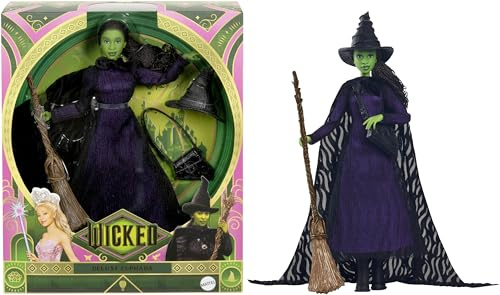 Mattel Wicked Elphaba, bambola deluxe snodata e accessori, look ispirato al film con capelli intrecciati, HXY38