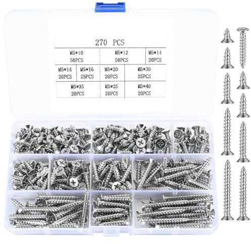 270 Stück M5 Selbstschneidende Schrauben, Holzschrauben Sortiment Set, Blechschrauben Flachkopfschrauben, Kreuzschlitzschrauben, Möbel Trockenbau Schrauben Set für Kunststoff Holz - Silber