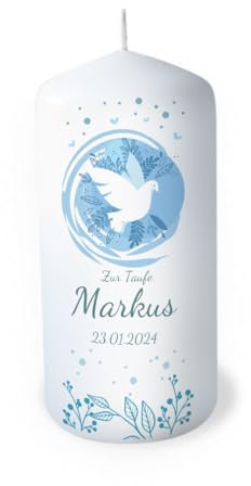 Vela bautizo individual con nombre como decoración de mesa. Decoración de mesa, bautizo, regalo, personalizable. Vela cariñosa paz, animales, paloma, flores, fe, duración: 35 horas, diámetro 6,8 x