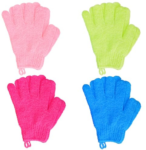 4 Pairs Bath Exfoliating Gloves Scrub, Double Sided Bath Mitts Scrubs for Shower, Exfoliating Shower Mitt Body Scrubber Glove, Bathing Accessories for Bath, Spa (Rose, Glass Green, Pink, Blue)