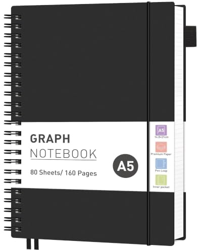 RETTACY A5 Spiral Notebook, Graph Journal, Notepad, 160 Pages, Black | Flexible Plastic Cover Note Book, 5mm per Square, 100 GSM Grid Paper, for School, Students, Math, Engineering - 14.5 × 21 cm