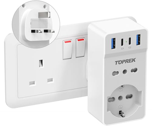 TOPREK Adattatore Presa Inglese con 4 USB(USB-C1 20W PD3.0), Adattatore Spina Inglese Italiana con 1 Schuko e 1 Prese ITA, Adattatore UK per Gran Bretagna, Qatar, Irlanda, Gambia ecc, 3250W/13A,Tipo G