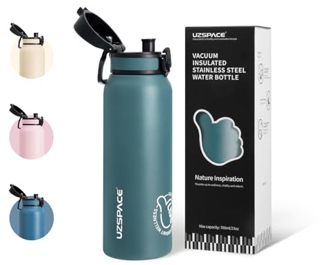 UZSPACE Stainless Steel Water Bottle Kids 700ml with Handle - Double-Walled Insulated Water Bottles That Keep Drinks Cold & Hot - Leakproof Metal Bottle for School or Works & Sports Forest Green