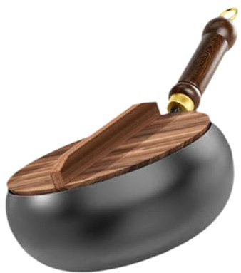 MagiDeal 9,45-Zoll-Wok-Pfanne, Rührpfanne, Kochgeschirr, Mehrzweck-Induktionsherd, Gas, chinesischer Wok, Brat-Wok-Pfanne für Hotelcamping, Holzdeckel