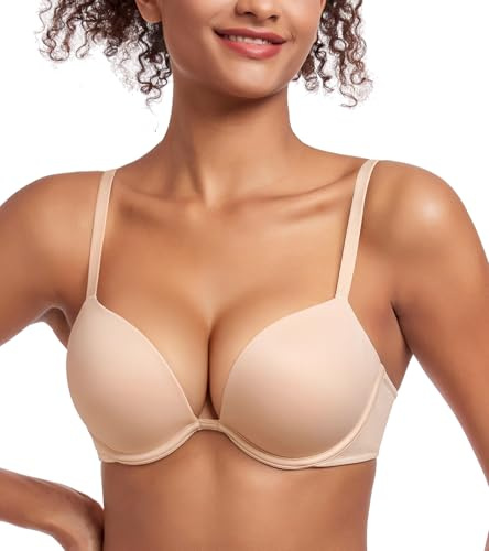 Lemorosy Women's Deep V Plunge Push Up Bra Underwire Low Cut Thick Padded Add 2 Cups(Beige,38DD)