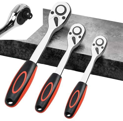 Vunanvu 3 Stück Umschaltknarre 3/8 Zoll, 1/2 Zoll & 1/4 Zoll Bit Ratsche mit 72 Zähnen Knarre Antrieb Vielseitiges Ratchet Teleskopratsche mit Gebogenem Griff für Autoreparatur Handwerk Werkstatt