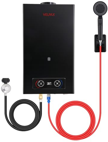 Propane Water Heater 4.76 GPM 18L Outdoor Portable Tankless Water Heater 82000 BTU/Hour with Digital Display Battery Ignition 5 Mode Shower Head Instant On Demand Hot Water for RV Camping Cabin