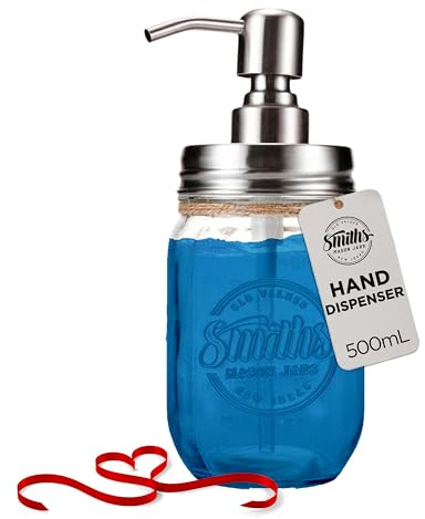 Smiths Mason Jars 500ml Refillable Glass Liquid Hand Soap Dispenser with Stainless Steel Pump - Laundry Liquid Dispenser, Elegant Bathroom Soap Dispenser, Hand Wash Dispenser for Countertop
