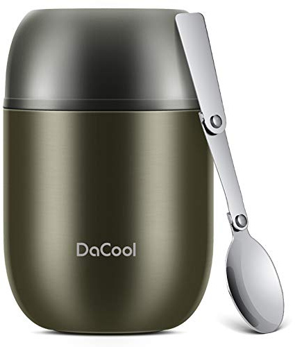 DaCool Food Thermo Insulated Food Jar Lunch Container Vacuum Stainless 16 Ounce Kids Adult Bento Box for Hot Food with Spoon Leak Proof for School Office Picnic Travel Outdoors, BPA free - Gray