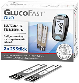 GLUCOFAST Duo Blutzucker Teststreifen – 50 Stück für Glucofast Duo Messgerät | präzise & hygienische Anwendung | Nachfüllpackung für Diabeteskontrolle in mg/dl oder mmol/L