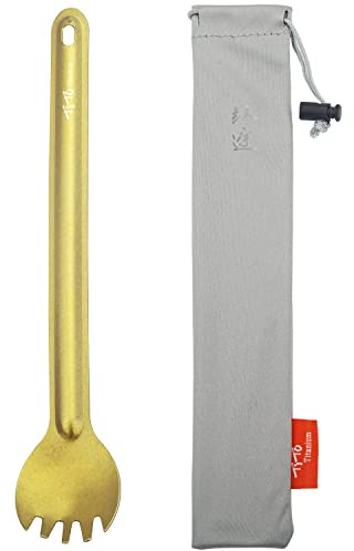 TiTo Titanium Spork Cucchiaio Forchetta in Titanio con Manico Lungo Ultraleggeri Portatili Piatti con borsa in Stoffa per All’aperto Campeggio da Picnic Utensili(Bright Golden Spork)