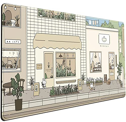 Cute Desk Mat Kawaii Mousepad Bunny and Bear Cute Anime Japanese Street Pastel Beige Brown and Green Mouse Pad, Extra Large Deskmat Cut Laptop Mouse Pads Decor