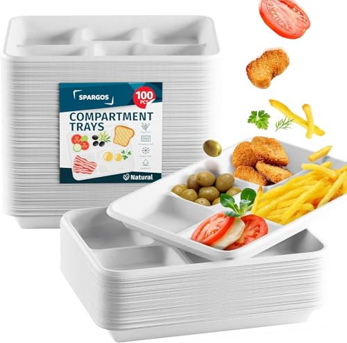 Bandejas de comida con 5 compartimentos (100 uds) 31*21 cm (12*8 inch) - Para fiestas - Caña de azúcar resistente - Bandejas escolares biodegradables - Platos desechables blancos para comida caliente