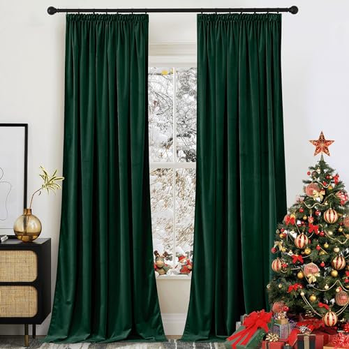 PONY DANCE Tenda Natalizia da Interno Tende per Salotto Eleganti Tende Velluto con Fettuccia Tende Termiche Isolanti per Interni Tende Camera da Letto 2 Pezzi L 132 x A 240 cm, Verde Scuro