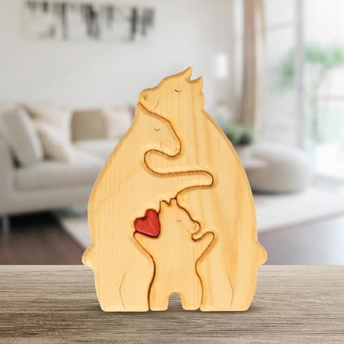LOHAME Bärenfamilie Holzpuzzle Bären Familienpuzzle aus Holz Personalisiertes Tierfamilie Kunstpuzzle Bären Holzstatue Wohnzimmer Schlafzimmer Deko Weihnachten Geschenke für Familie