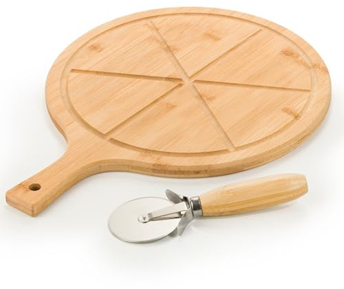 Woodluv Pizza Cutting Board Cake Cheese Serving Board with Pizza Cutter, 6 Sections Wooden Snack Canape Platter