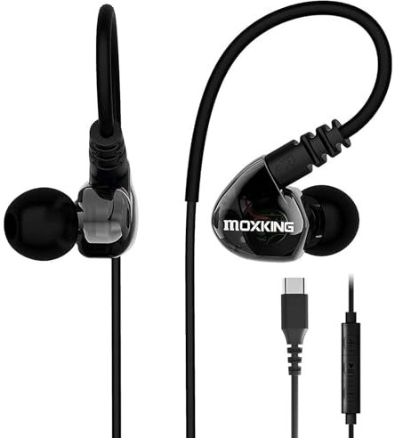 Auriculares Deportivos MOXKING USB C con micrófono y Mando, Auriculares intrauditivos con Graves mejorados para Correr, Gimnasio y Deporte (Black-Type C)