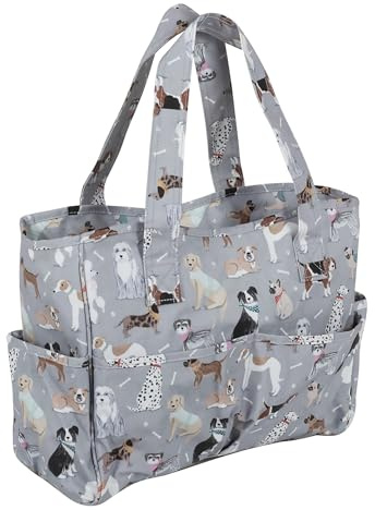 Hobby Gift Medium Knitting Bag - Travel Tote Craft Bags with Compartments, Crochet Bag Organiser for Cross Stitch, Yarn, Embroidery, School Crafting, Art Projects - 13 x 34.5 x 29cm, Grey Dogs