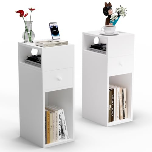 VOUNOT® Set di 2 Comodini Stretti con Cassetto e 2 Scomparti Aperti, Tavolino Comodino Salvaspazio, Design Moderno per Camera da Letto e Soggiorno, 25x30x66 cm, Bianco