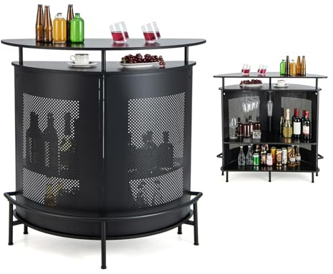 COSTWAY Tavolo Bar Semicircolare, Bancone Bar da Casa con 4 Ripiani e 3 Supporti per Calici, Piano Curvo in Metallo Perforato con Poggiapiedi, per Soggiorno o Cucina (Nero, 110,5 x 48 x 112,5 cm)