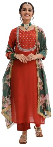 Jaanvi fashion Ensemble Kurta brodé marron et argenté pour femme – Manches trois-quarts avec pantalon et dupatta imprimé floral, Rouge, XXL