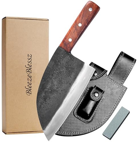 BleezeBlessz Coltello da chef Coltello da taglio Coltello da cucina serbo forgiato a mano in acciaio al carbonio con fodero in pelle per cucinare all'aperto in campeggio