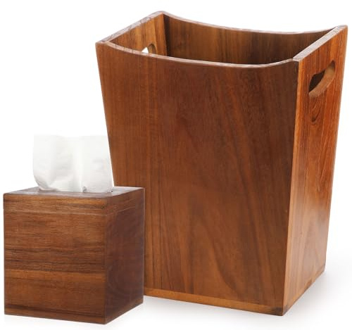 Reallnaive 2 Pcs Trash Can Wastebaskets and Tissue Box Set Rectangular Trash Basket Garbage Can for Bathroom, Living Room, Office, Kitchen (Brown)