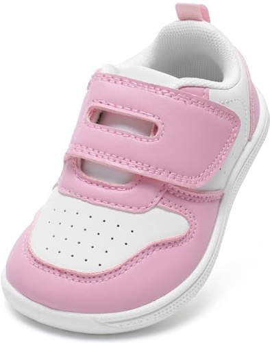 STQ KIDS Girls Trainers Toddler Wide Toe Box Barefoot Shoes Zero Drop Kids First Walking Shoe Lightweight Soft School Running Tennis Sneaker Daycare Sports Pink White 7 UK Toddler