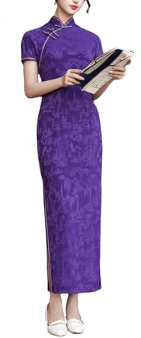 Générique Robe Qipao Fourreau Chinoise pour Femme, Traditionnelle et Élégante, Cheongsam, Manches Courtes, en Jacquard, pour Mariage, Fiançailles, Cocktail, Violet, Taille S
