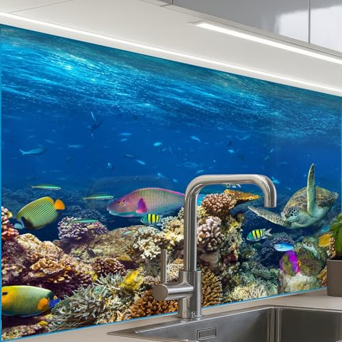 KitchenYeah© Spritzschutz Küche 60x80 cm Küchen Rückwand Küchendeko Wand Wandschutz Selbstklebend Backsplash Kitchen Peel and Stick Unterwasserlandschaft - Fische - Schildkröte - Blau