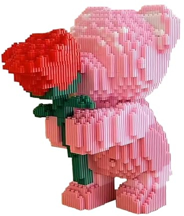 Starnearby Blocs de Construction Ours avec Rose, 20cm, Briques de Construction Ours, Ensemble de Construction Adulte, Décor, Cadeau Créatif de Saint-Valentin, Fête des Mères, Anniversaire (Rose)