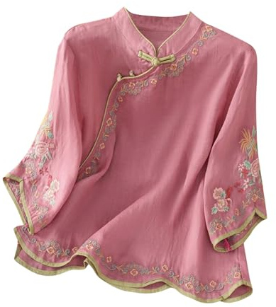 3/4 Sleeve Shirts for Women UK Elegant Floral Embroidered Blouse with Chinese Style Fold Button Lightweight Oriental Tops Ladies Traditional Chinese Clothing Vintage Ethnic Style Top