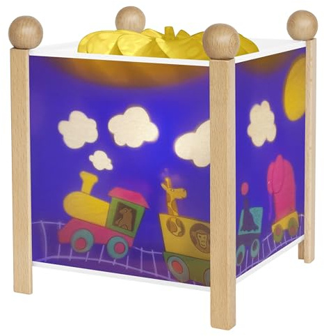 TROUSSELIER - Le Train du Voyage - Veilleuse - Lanterne Magique - Idéal Cadeau Enfant - Dessin animé - Lumière rassurante - Couleur Bois Naturel - Ampoule 12V 10W inclue - Prise Elec. EU
