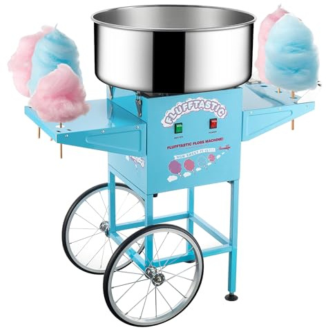 Cotton Candy Machine With Cart – 1000W Flufftastic Floss Maker With Stainless-Steel Pan, Side Trays, And 13in Wheels By Great Northern Popcorn (Blue)
