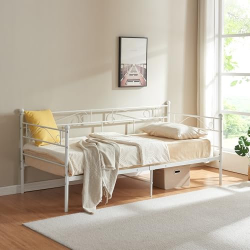 [en.casa] Bett Granada Metallbett 90 x 200 cm Einzelbett Bettgestell aus Metall Betten Stauraum unter dem Bett Bettrahmen Stahl Weiß