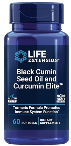 Life Extension Black Cumin Seed Oil and Curcumin Elite, Black Cumin, Turmeric Extract, Immune Health Support, high bioavailability, Whole-Body Health, Gluten Free, Non-GMO, 60 softgels