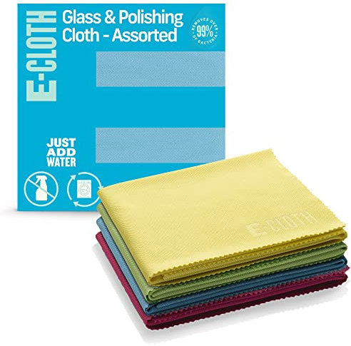 E-Cloth 4-Pack Glass & Polishing Cloth, Sustainable Microfibre Cleaning Cloth Set, Perfect Cleaner for Glass, Windows and Mirrors, Washable and Reusable, 100 Wash Promise, Assorted Colors