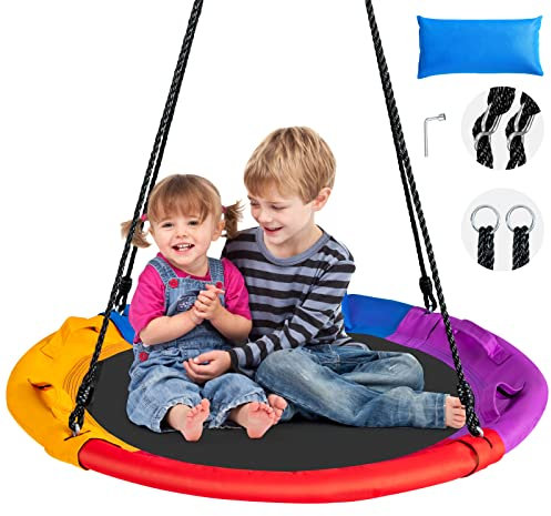 GOPLUS Nestschaukel Outdoor, Ø100cm Kinder Schaukel mit 100-180cm Verstellbarer Höhe & Kissen, Baumschaukel Rundschaukel bis 150 kg Belastbar, für Kinder ab 3, Indoor & Outdoor (Bunt Pro)