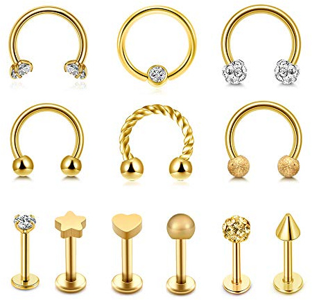 PiercingJak 12Pcs Piercings Anneaux Tragus Or Piercing Labret Lèvre Piercing Nez Septum Fer à Cheval Piercing Hélix Cartilage Acier Inoxydable Strass Doré Bijoux de Corps Femme Homme