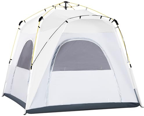 Outsunny Instant Pop Up Camping Tent, 4 Man Dome Tent with 4 Doors, Sewn-in Groundsheet, Carry Bag and Top Hook for Fishing Hiking Festival, Light Grey