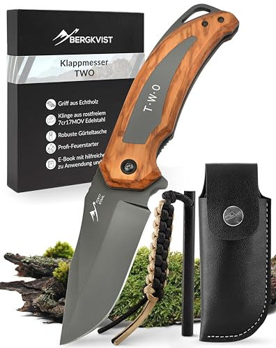 BERGKVIST® Klappmesser TWO (Einhandmesser) - scharfes Taschenmesser für Outdoor & Survival mit Holz-Griff, Feuerstahl & Gürteltasche