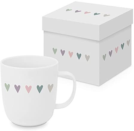 ReWu Becher Tasse aus Porzellan Herzchen Weiß Bunt Geschenkverpackung Geschenkidee Henkelbecher Kaffebecher Trinkbecher Mug Geschirr 0,4L